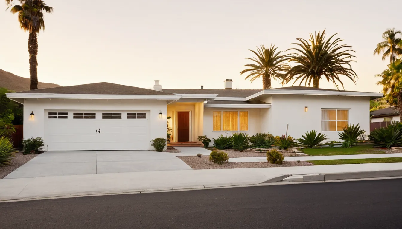 A tract home garage door in the Beaumont area with palm trees and a clear sky